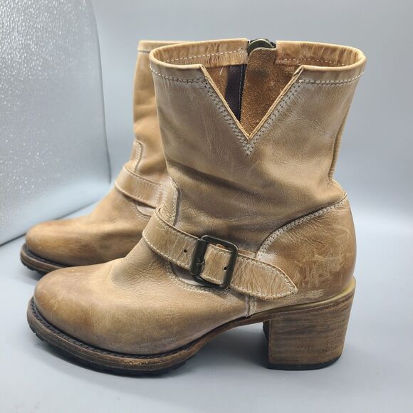 Freebird by Steven Shoes - Freebird Carlito Boots Women Sz 7 Tan Distressed Leather Moto Biker Heel Zipper